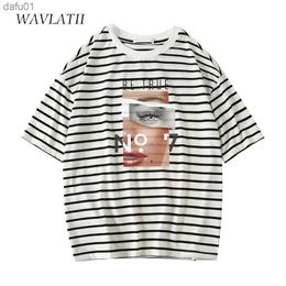 WAVLATII Women Fashion Printed New T shirts Female Classical Striped Oversized Soft Tees Short Sleeve Tops for Summer WT2270 L230520