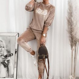 Women's Two Piece Pants Women Autumn Winter Velet Tracksuit Set Letters Sequines Top And Sweatsuit Female Suits