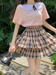 Work Dresses Skirt Sets Ladies 2023 Summer Pink Big Lapel Girl T-shirt Top Plaid Pleated Suit Two Piece Womens Outifits