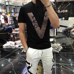 Men's T-shirt Quality Mercerized Cotton V-shaped Pattern Rhinestone 20201 New Street Fashion Style Short-sleeve Male Top Clothes L230520