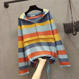 T-Shirts 2021 New Arrival Spring/autumn Women Loose Casual Long Sleeve Hooded T Shirt Allmatched Sweet Cute Striped Cotton Tshirt W40