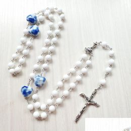 Pendant Necklaces White Ceramic Beads Cross Long Rosary Necklace Religious Pray Jewellery Drop Delivery Pendants Dhbk5