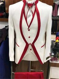 Men's Suits White Red Rim Stage Clothing For Men Suit Set Mens Wedding Costume Groom Tuxedo Formal (Jacket Pants Vest Tie)