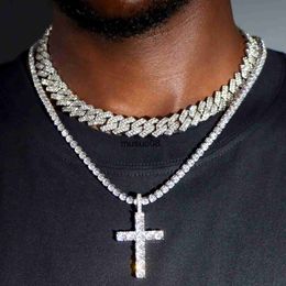 Pendant Necklaces Hip Hop 2pcs Cross Tennis Chain 14MM Prong Cuban Necklace For Men Women Iced Out 2 Row Cuban Link Chain Necklaces Couple Jewellery J230601