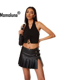 skirt Momoluna Women Philomena Black Pu Faux Leather Pleated Slit Rivet Hem High Waist Mini Skirt