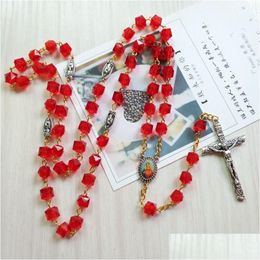 Pendant Necklaces Red Acrylic Beads Strand Necklace Vintage Cross Rosary For Men Women Religious Jewellery Gifts Drop Delivery Pendants Dhht0