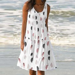 Sommerkleid für Damen, ärmellos, Boho-Sommerkleid, Rundhalsausschnitt, Federdruck, Swing-T-Shirts, Tank-Kleider, Strandvertuschung, Vestidos