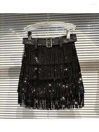 Skirts HIGH STREET Est 2023 Designer Runway Fashion Women's Rhinestone Fringe Design Cake Skirt