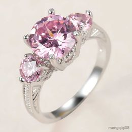 Band Rings Luxury Female Pink Crystal Ring Charm Silver Color Wedding For Women Big Round Zircon Engagement