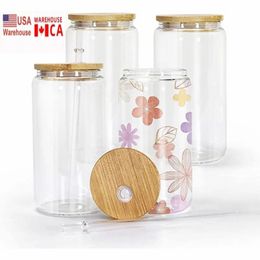 USA/CA Local Warehouse Coffee Mugs 16oz Sublimation Blanks Cola Cans Tumbler Glass Cups Clear Frosted Jars Beer Iced Tea Cup With Bamboo Lid And Straws