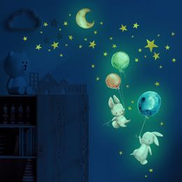 Wall Stickers Cartoon Bunny Balloon Sticker Bedroom Living Room Home Decoration Kids Wallpaper Glow In The Dark Cute Rabbit 230531