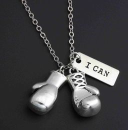 Pendant Necklaces 1pc Silver Color Boxing Glove Charms Necklace With Encourage Words "I Can" Pendant For Men Sport Jewelry Keep Fit E271 J230601