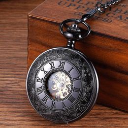 Pocket Watches Luxury Black Mechanical Watch For Men Women Vintage Engraved Roman Numeral Dial Fob Chain Pendant Clock Collection