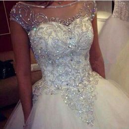 Crystal Ball Gown Wedding Dresses 2022 New Gorgeous Dazzling Princess Bridal Real Image Luxurious Tulle Handmade Rhinestones Sheer235d