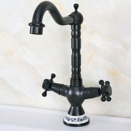 Kitchen Faucets Black Oil Rubbed Brass Double Handle Swivel Spout Bathroom Sink And Cold Mixer Tap Basin Faucet Dnf644