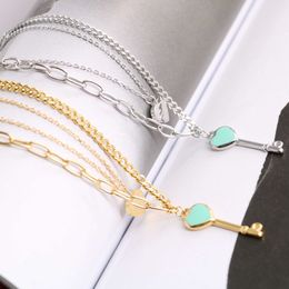 Designer's Titanium Steel 18k Gold Brand Classic Blue Dropping Oil Key Love Double Layer Necklace Womens Fashion Collar Chain
