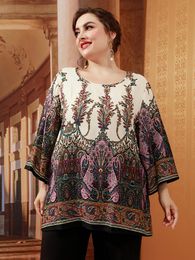 Capris 2022 Summer Tops for Women Long Sleeve Retro Floral Print Casual Blouse Loose Oversized Tops Plus Size Women Clothing