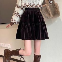 Skirts Short Pleated Skirt Women Autumn Velvet Mini Sweet Girl Winter High Waist Solid Ruffles Pink Black Brown Vestidos