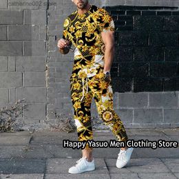 Men's Tracksuits Luxury Summer Men Trousers Set Gold Print T-Shirt Outfit Set Retro Tracksuit 2 Pieces Casual Jogging Suit Male Fashion Clothing T230601