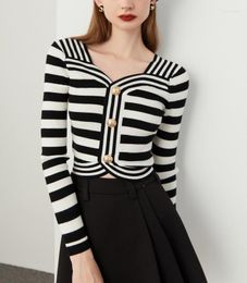 Women's Knits Autumn Hepburn Style Square Collar Black White Stripes Slim Fit High Waist Short Knitted Sweater Cardigan Women Top