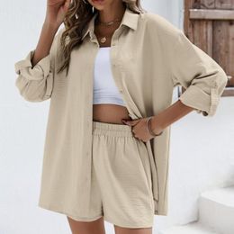 Women's Tracksuits Summer Cotton Linen Outfits High Waist Shirt Shorts Women Turn Down Collar Long Sleeve Shirts Suits Casual Two Piece Sets