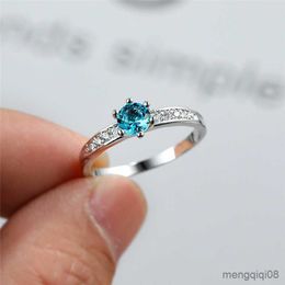 Band Rings Luxury Female Light Blue Zircon Ring Classic Silver Color Thin Engagement For Women Dainty Crystal Round Wedding