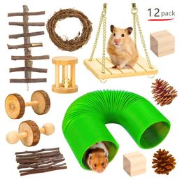 Decor 12Piece Bunny Chew Toys Hamster Swing Ladder Tunnel Tube Twigs Wood Blocks String for Rabbit Chinchilla Chipmunk J78C