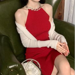 Casual Dresses Summer Sexy Dress Halter Neck Chain Diamond Sleeveless Off-the-shoulder Bag Hip Icy Silk Knitted