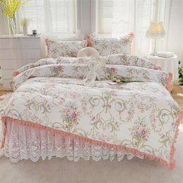 Bedding Sets Cotton Korean Princess Style Set Flowers Pattern Duvet Cover Lace Ruffles Quilted Bed Skirt Bedspread Pillowcases