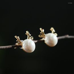 Stud Earrings 2023 Arrival Cute Fresh Water Pearl For Women Antlers Shape With Gold Color Silver Pins Fine Jewelry