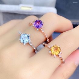 Cluster Rings S925 Silver 3 Natural Gemstones Hexagon Amethyst Blue Topaz Citrine Women For Party Gift