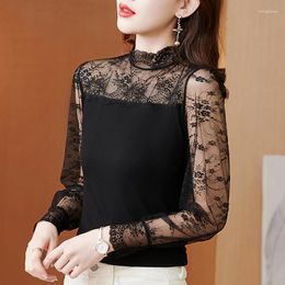 Women's Blouses Korean Fashion Mesh Women Office Lady Shirt And Blouse Long Sleeve Floral Female Clothing Womens Tops Sexy