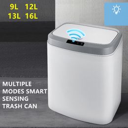 Waste Bins Smart Trash Can Touch Sensor Automatic Bin Plastic Kitchen Cans Living Room With LED Light Large Capacity Household 230531