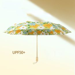 Three Fold Sunscreen Umbrellas Double-sided Fresh Floral Printing Sunshade Umbrella with Wooden Handle