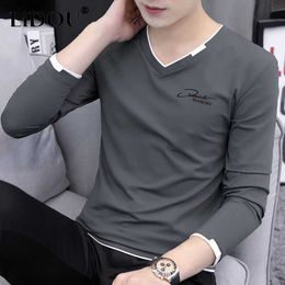 Autumn Winter Fashion Korean Simple Temperament T-shirt Man Long Sleeve Cotton V-neck Solid Color Top Pullover Casual Streetwear L230520