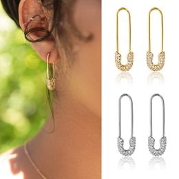 Paved Zircon Paper Clip Shape Pin Ear Hook Stud Earrings for Women CZ Piercin Jewellery Pendientes Accessories