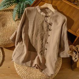 Men's Sweaters Vintage Ethnic Style Patchwork Loose Cotton Linen Shirt For Women Simple Three Quarter Sleeve Ladies Blouses Tops Clothes
