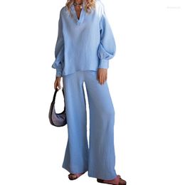 Women's Sleepwear Solid Colour Cotton Set Woman 2 Pieces Long Sleeve V Neck Female Loose Trouser Suits Casual Pyjamas Sets 2023 Nightwear