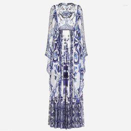 Casual Dresses Runway Celebrities Blue White Porcelain Women Maxi Chiffon Dress Long Sleeve Summer Autumn Outfits