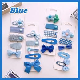 5 Pcs New Korean Sweet Girl Blue Series Hair Clip Headwear Fashion Children's Fabric Bow Flowers Hairpins Hair Accessories