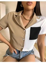 Women's Blouses EWSFV 2023 Summer Women Sexy Contrast Colour Stitching Short Pocket Single Breasted Sleeved Shirt