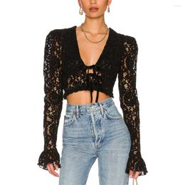 Women's T Shirts Women Classic And Understated Tops T-Shirts Lace Long Sleeve Tie-Up Front Exposed Navel Blouses Streetwear