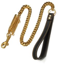 Collars Strong Gold Metal Cuban Chain Stainless Steel Dog Safety Leash Buffer Spring LaborSaving Genuine Leather Handle Dog Leash 20E