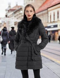 Women's Trench Coats Giolshon Women Leather Puffer Jacket Winter Warm Bubble Padding Long With Detachable Faux Fur Collar