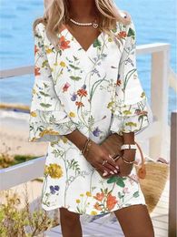 Summer Women's Casual Print Dress Floral Ruffle Print V Neck Ruffle Sleeve Mini Dress Fashion Streetwear Outdoor Daily 3/4 Length Sleeve Loose Fit Summer Spring S-3XL