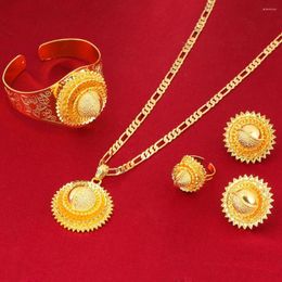 Necklace Earrings Set Big Size Gold Flowers 22K Color African Nigeria Sudan Kenya Habesha Wedding Jewelry