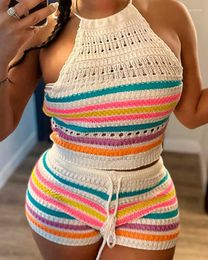 Women's Tracksuits Women's Shorts Set 2023 Summer Vacation Fashion Striped Cutout Sleeveless Top And Drawstring Above Knee