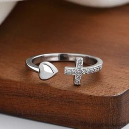 Band Rings Cute Female Small Open Adjustable Ring Rose Gold Color Zircon Engagement Crystal Cross Heart Wedding For Women