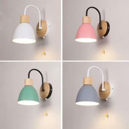 Wall Lamp Nordic Modern Macaroon For Living Room Bedroom Bedside Sconce Pull Wire Switch Iron Wood Led Home Decoration