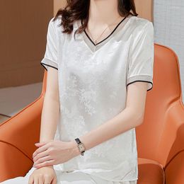 Women's Blouses Shirts Satin V-neck Short Sleeve Women's Tops And Blouse Summer Loose Plus Size Fashion Clothing Spliced White Black